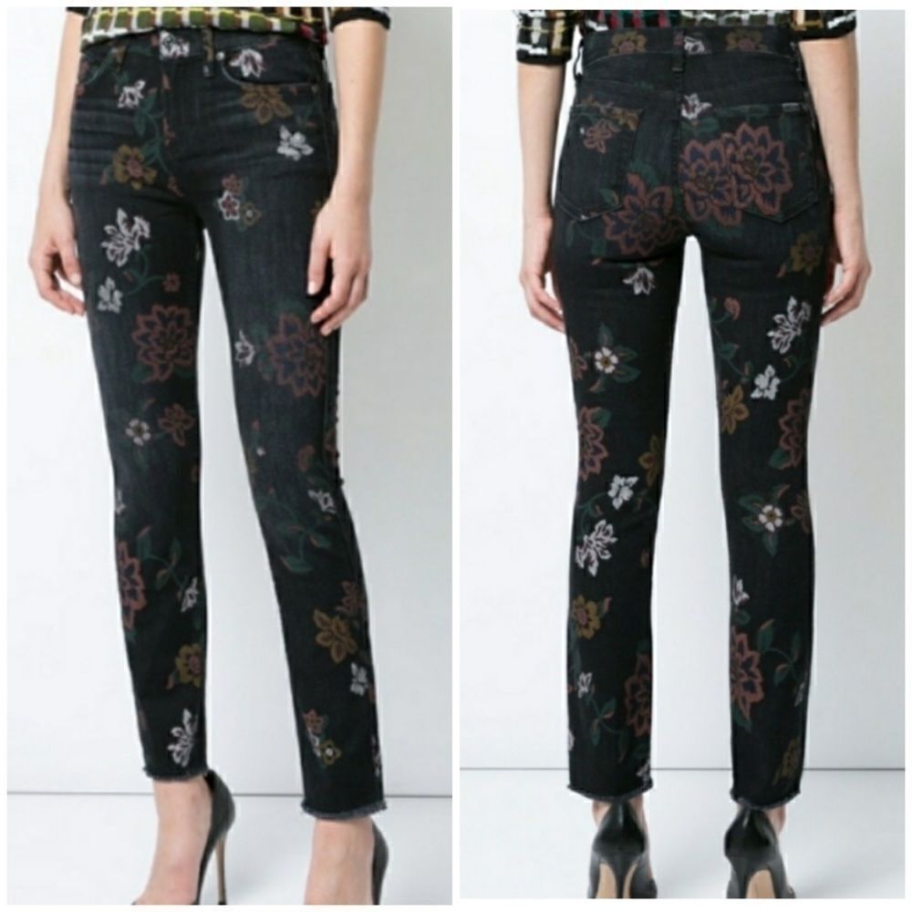 7 For All Mankind Black Floral Print High Rise Jeans